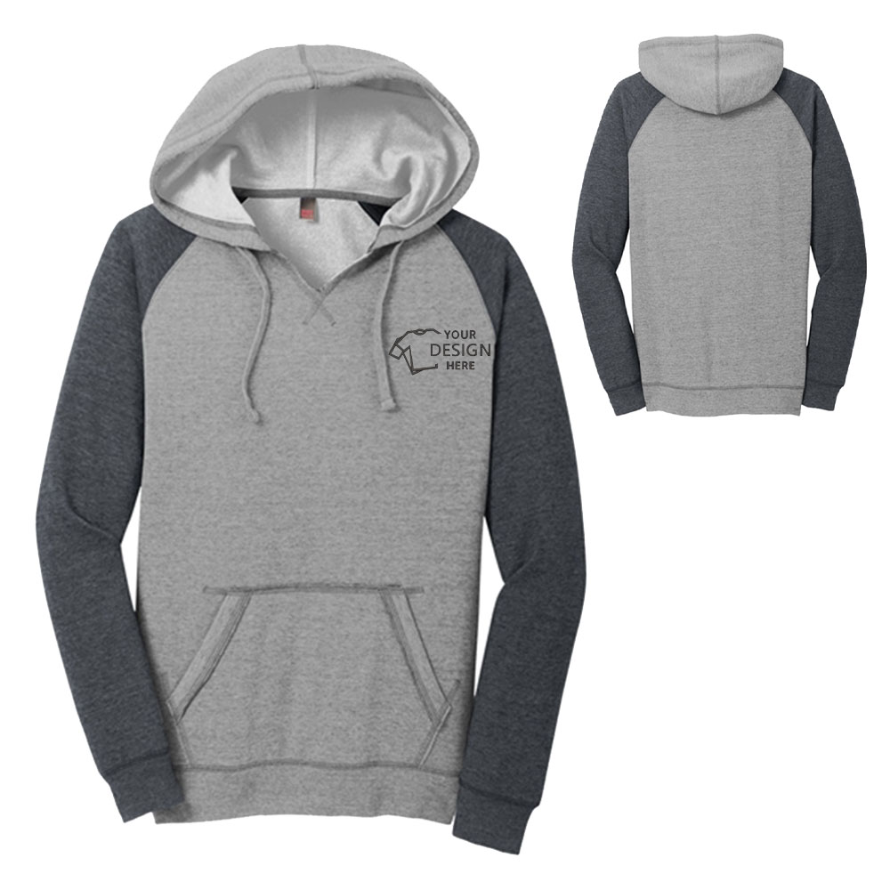 District Lady Lightweight Fleece Raglan Hoodie Heathered Grey-Heathered Charcoal With Logo