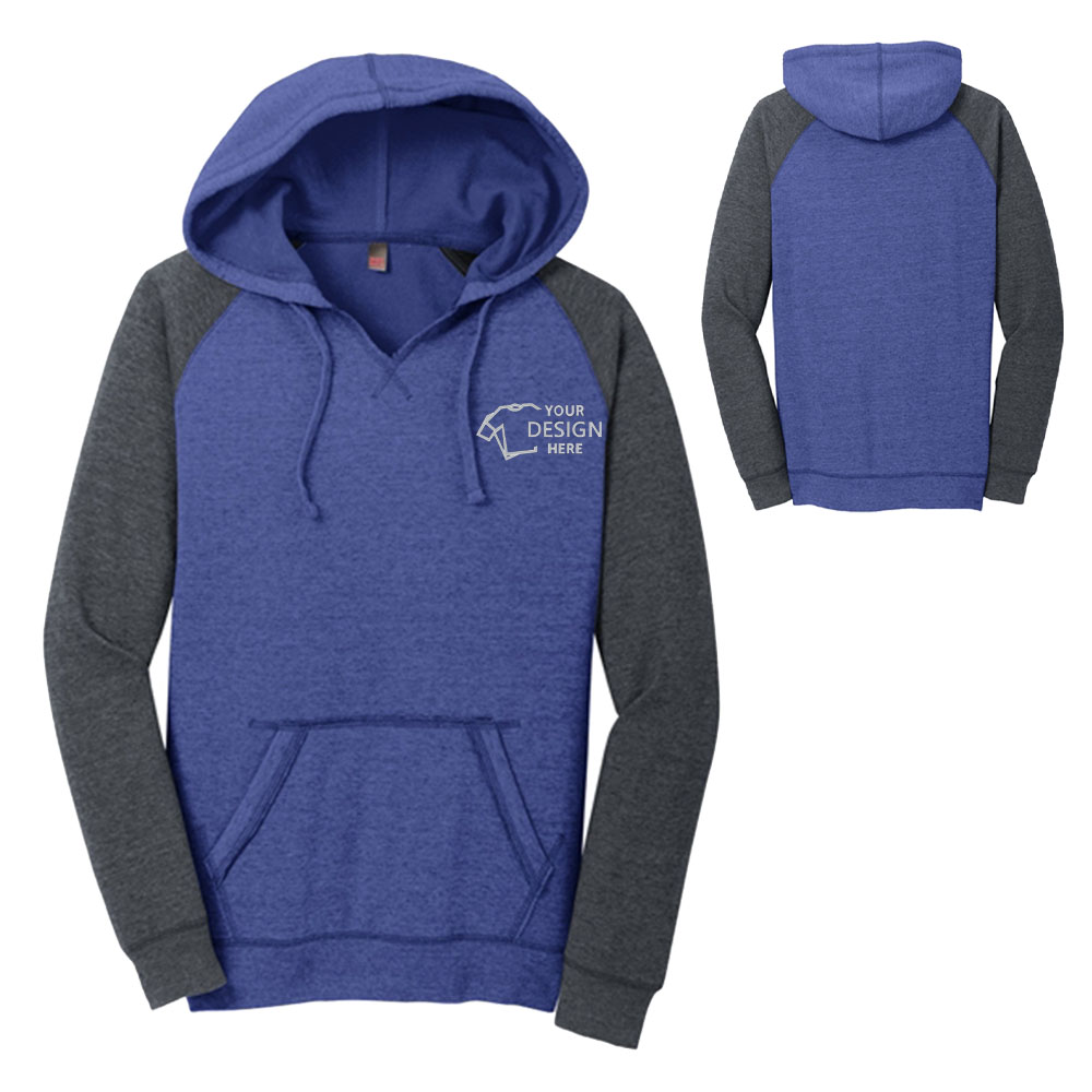 District Men's Lightweight Fleece Raglan Hoodie Heathered Deep Royal-Heathered Charcoal With Logo