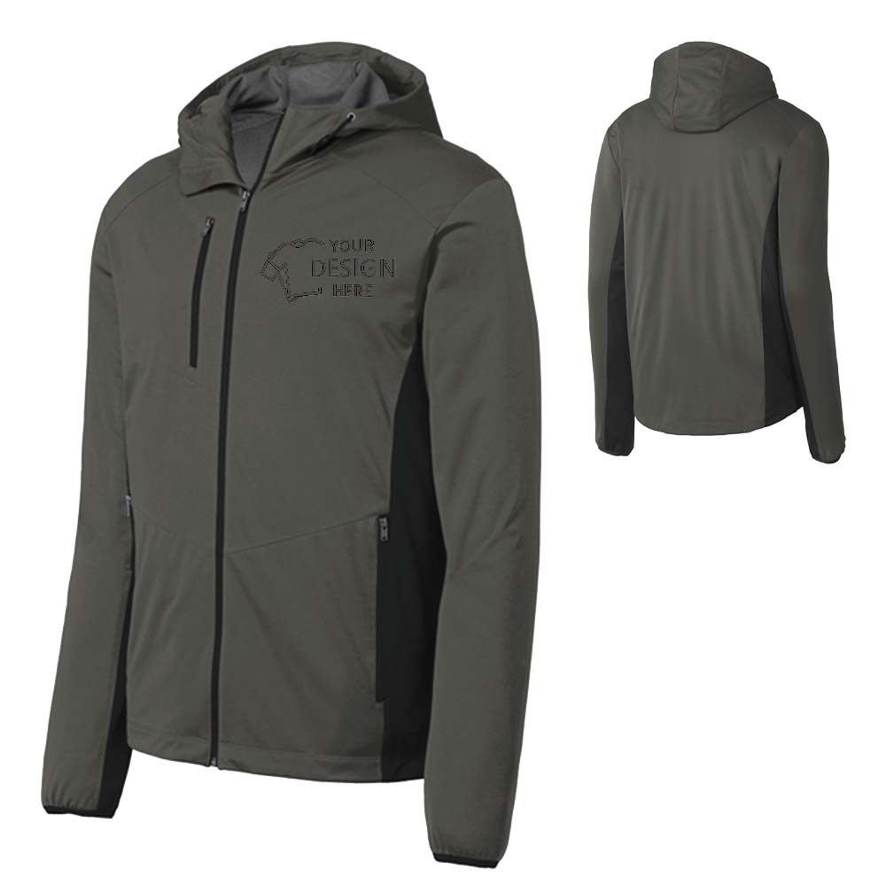 Port Authority Men's Active Hooded Soft Shell Jacket Gray Steel-Deep Black With Logo