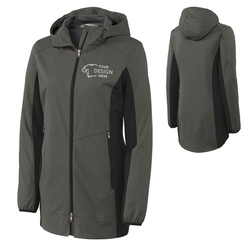 Port Authority Women's Active Hooded Soft Shell Jacket Gray Steel-Deep Black With Logo Port Authority Women's Active Hooded Soft Shell Jacket Gray Steel-Deep Black With Logo