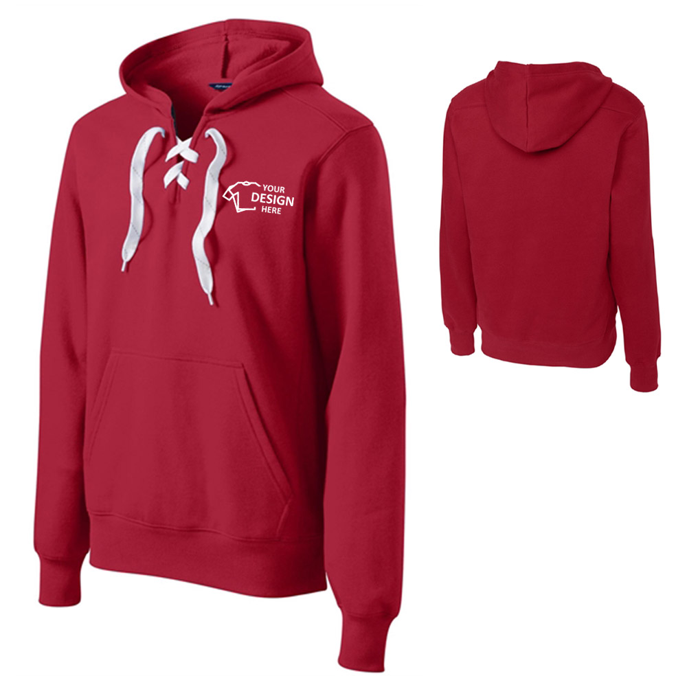 Sport-Tek Lace Up Pullover Hooded Sweatshirt Deep Red With Logo Sport-Tek Lace Up Pullover Hooded Sweatshirt Deep Red With Logo