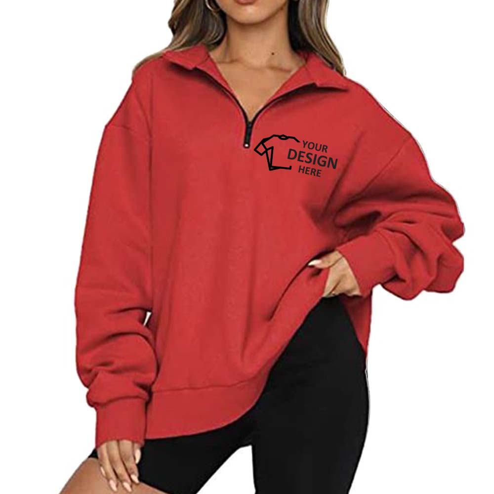 Womens Oversized Half Zip Pullover Long Sleeve Sweatshirt Red Logo