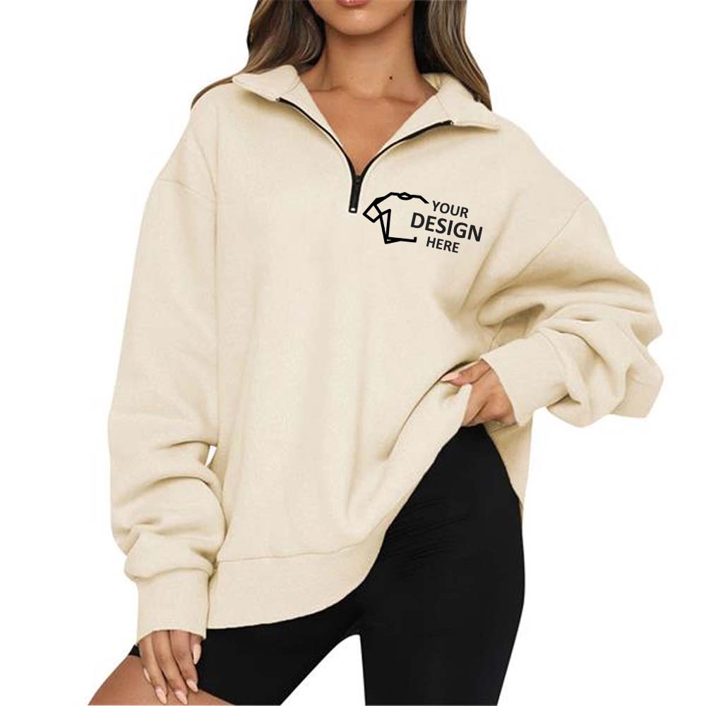 Womens Oversized Half Zip Pullover Long Sleeve Sweatshirt White Logo