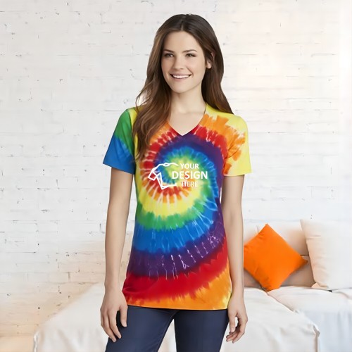 Promo Port & Company Ladies Tie-Dye V-Neck Tee