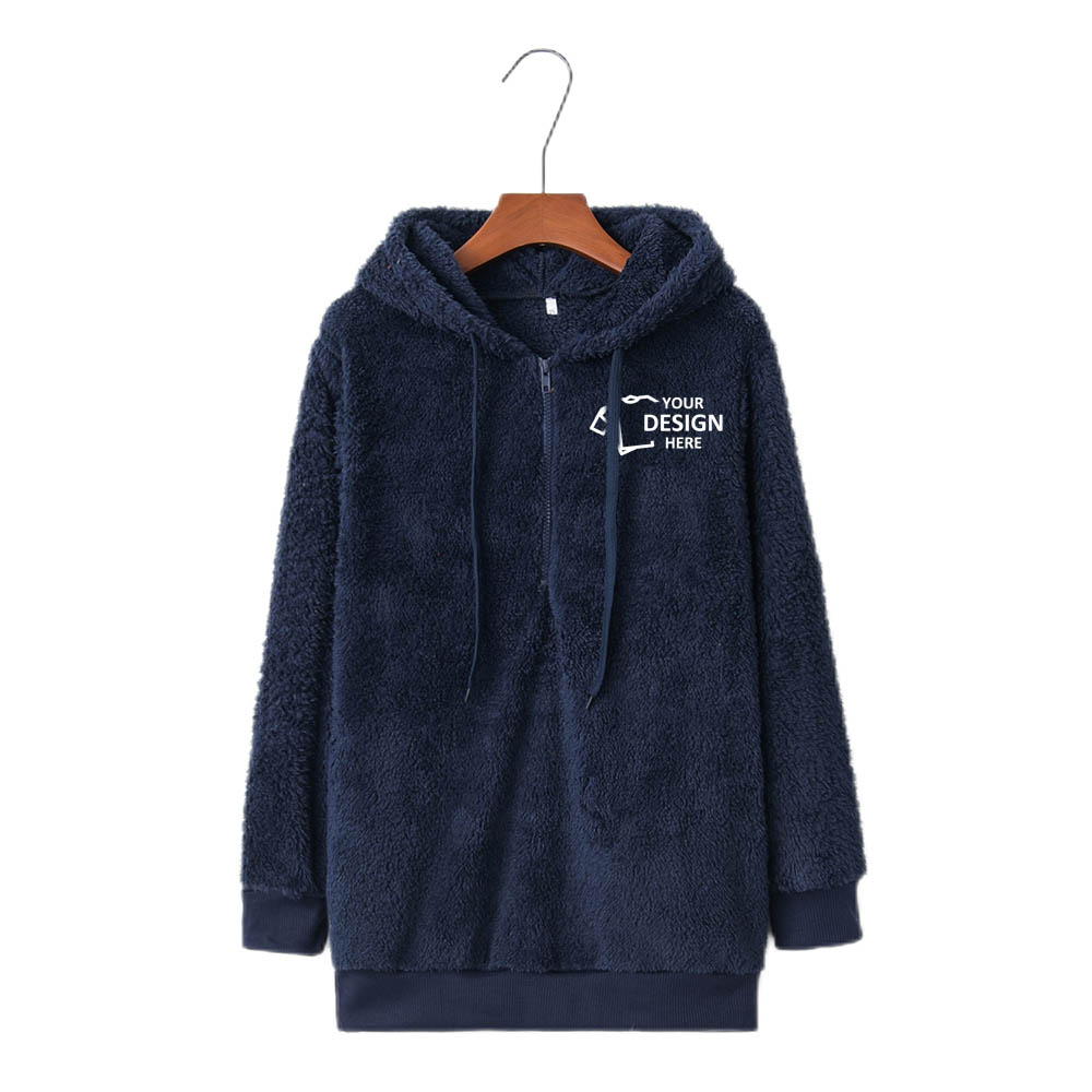 Navy Promo Women's Oversized Fuzzy Pullover Hoodies With Logo
