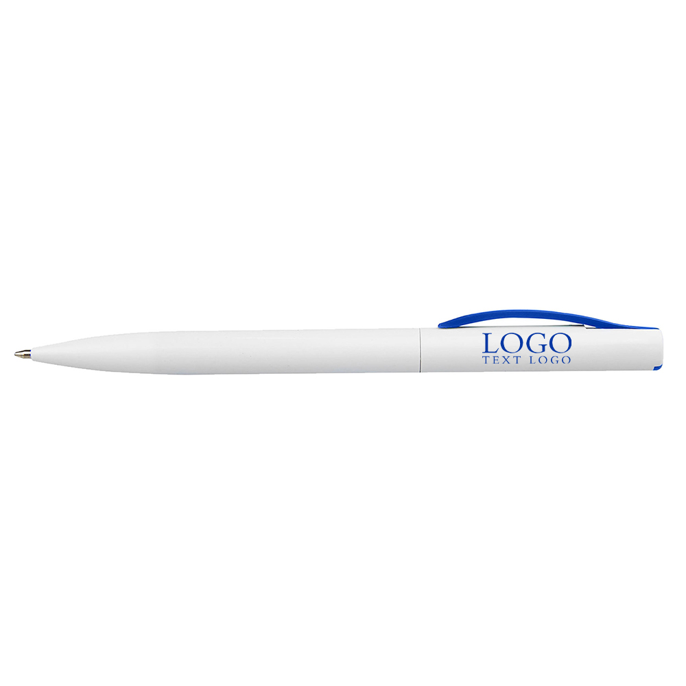 Twist-type white-stem plastic ballpoint blue pen with logo