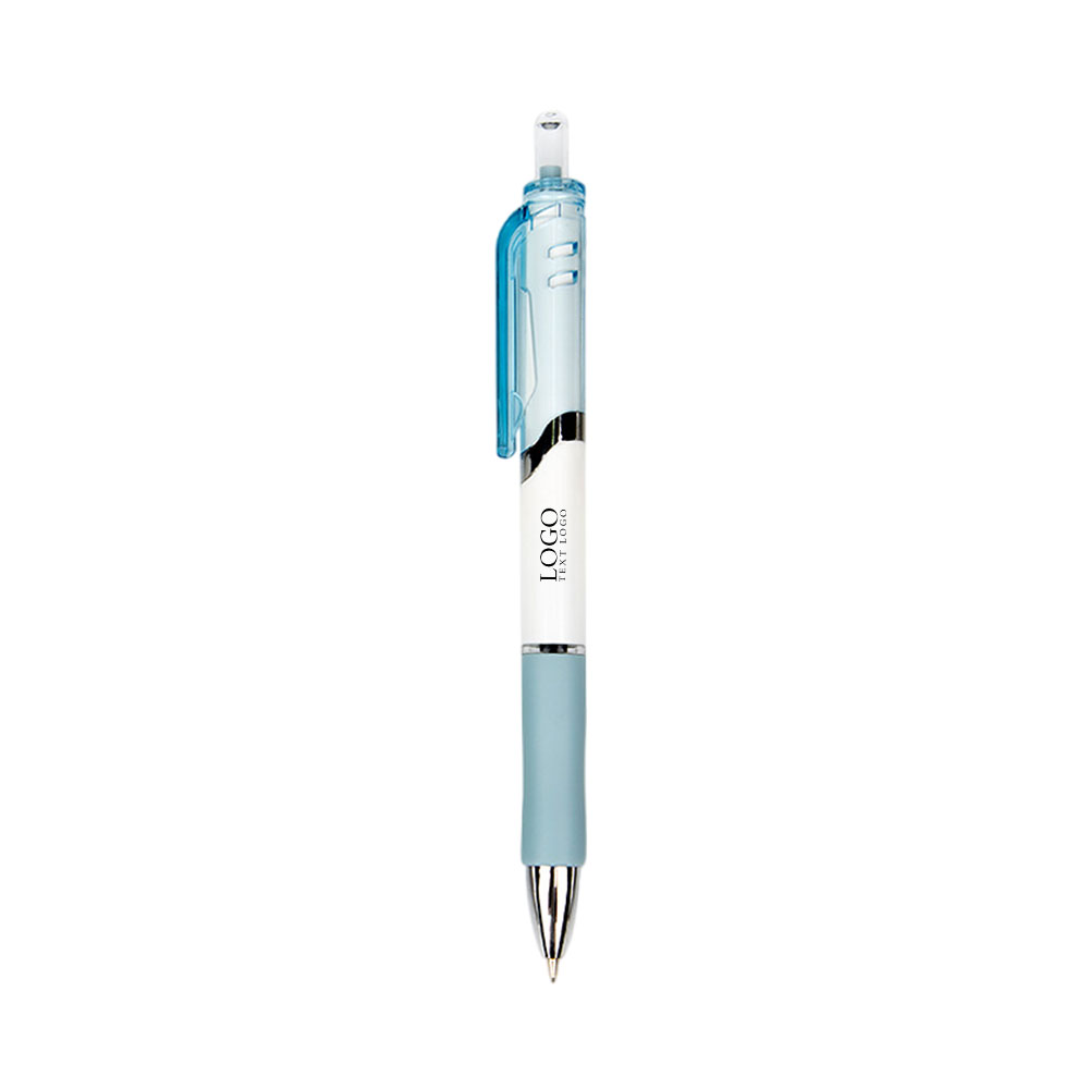 Colorful thick-barreled push-type ballpoint pen blue with logo
