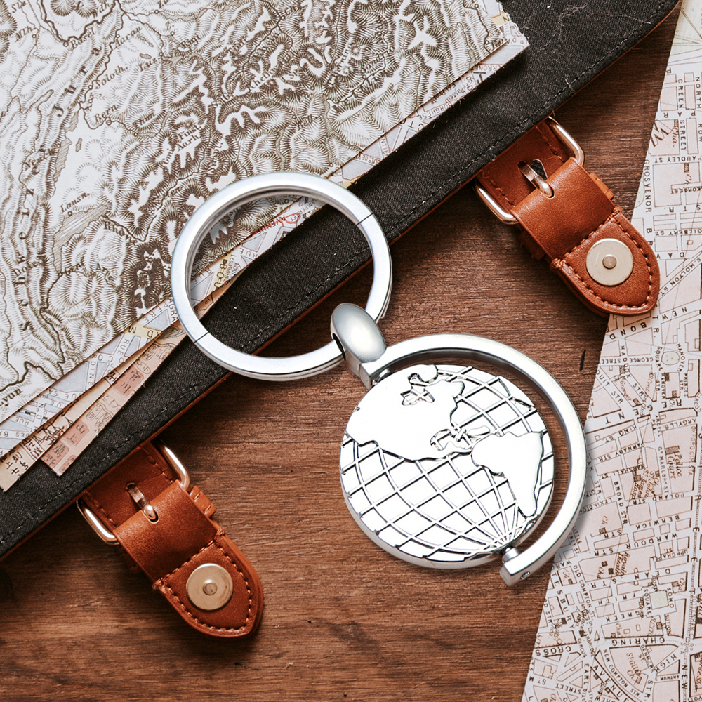 Personalized - Customizable Globe Keychain with Rotating Metal Frame