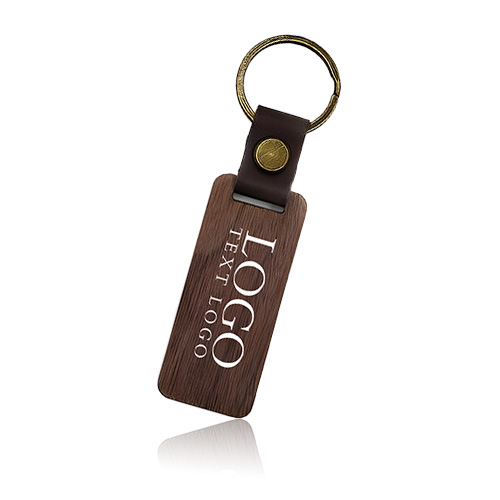 Promotional Rectangle Engraved Wooden Keychain With Leather