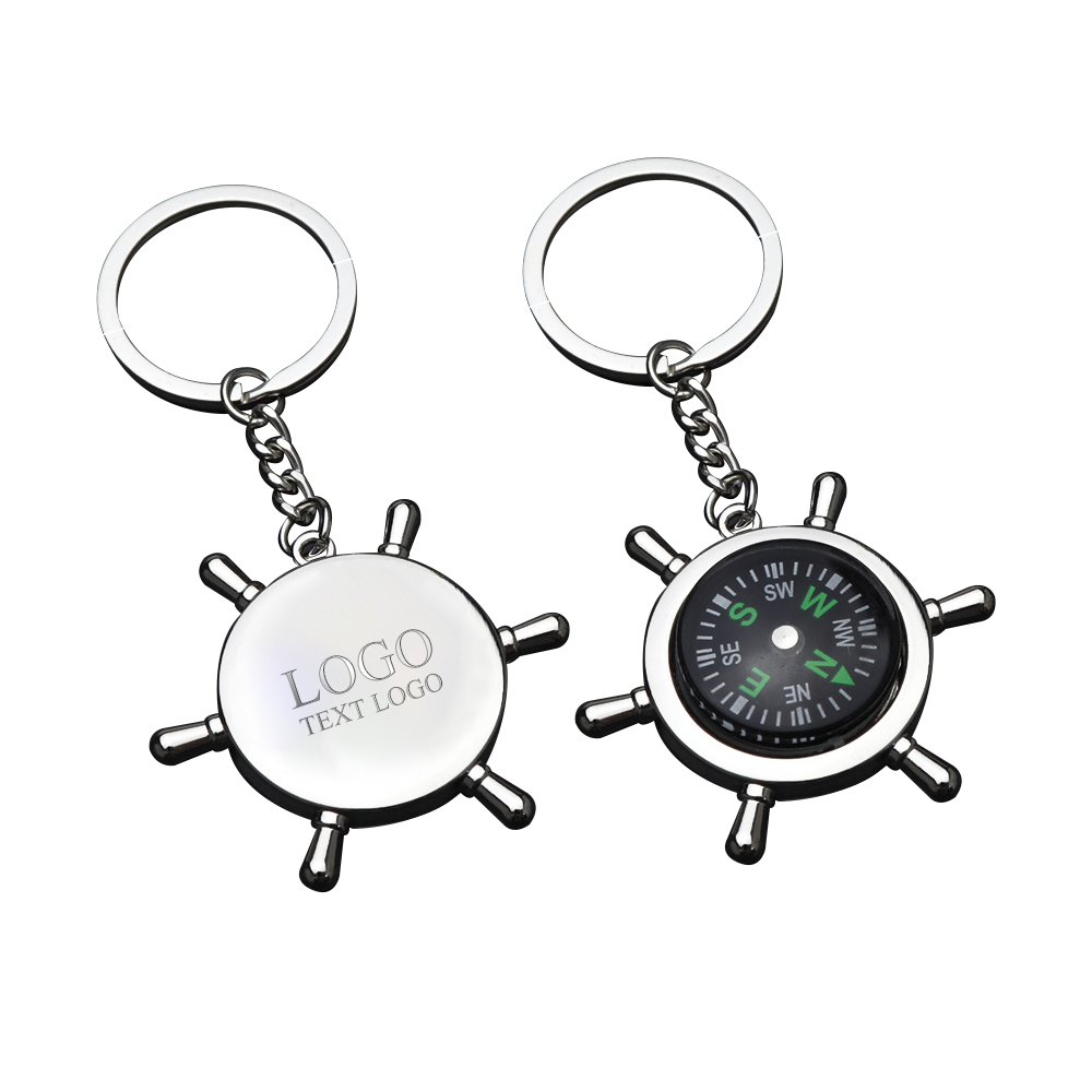 Customizable silver metal boat wheel shape keychain with compass-silver_with logo