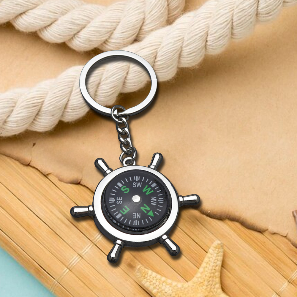 Personalized--Customizable silver metal boat wheel shape keychain with compass