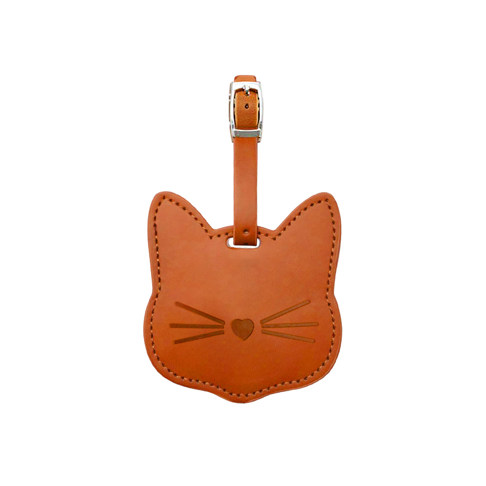 Cute Cat Anti Lost Leather Luggage Tags brown