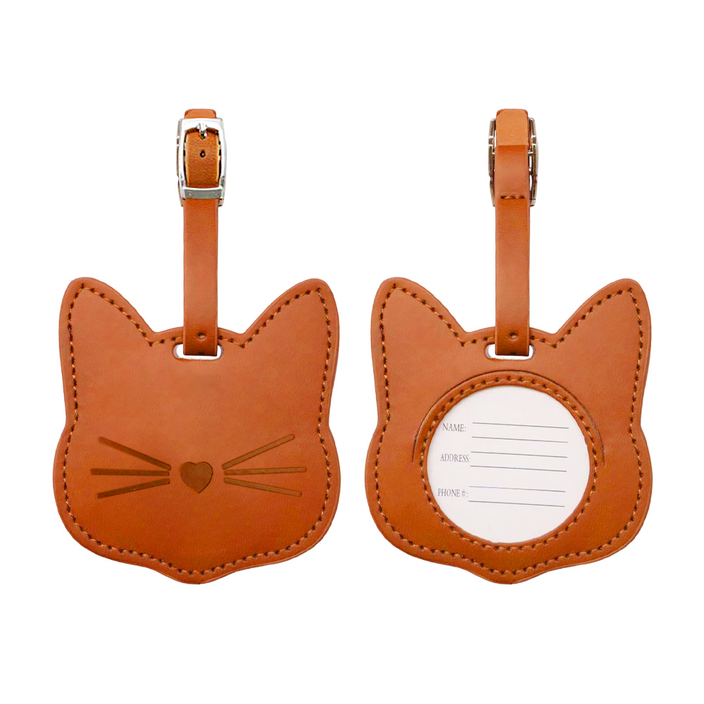 Cute Cat Anti Lost Leather Luggage Tags Brown Both Sides Cute Cat Anti Lost Leather Luggage Tags Brown Both Sides