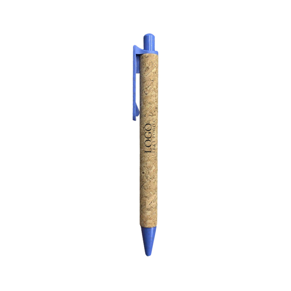 Customized wood grain straw cork click ballpoint pen with logo-blue