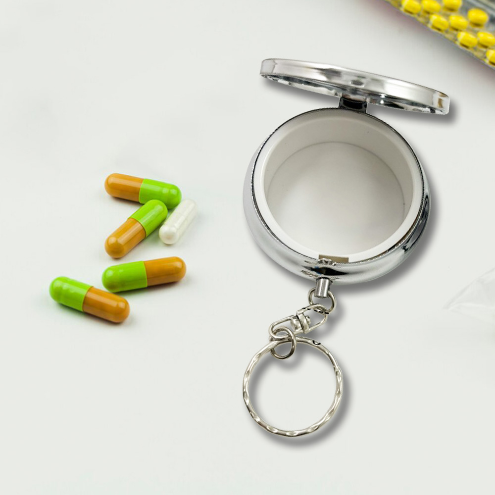 Metal Single Compartment Pill Box Keychain scene