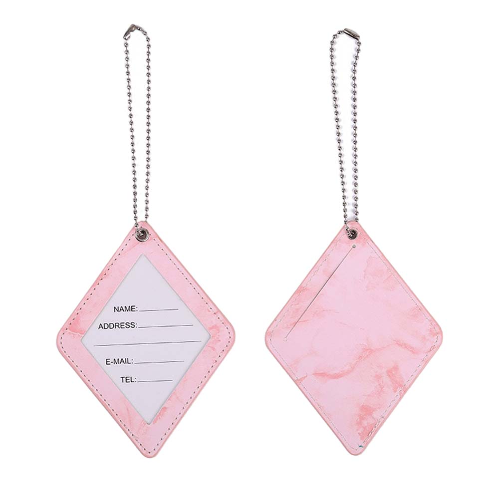 Pink PU Leather Marble Pattern Rhombic Luggage Tags Front and Back