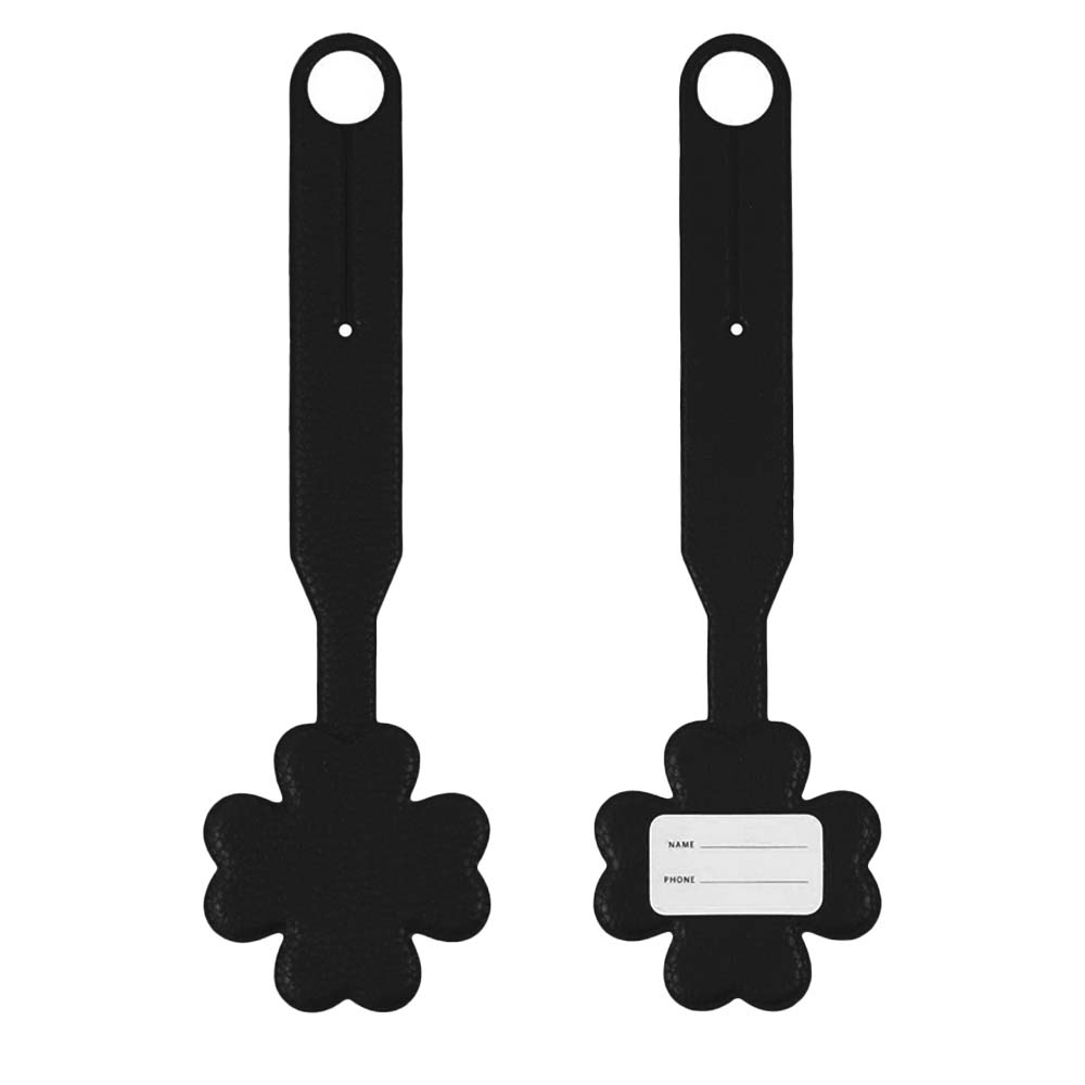 Black Four-leaf Clover Smiley Luggage Tag with Long Strap Front and Back