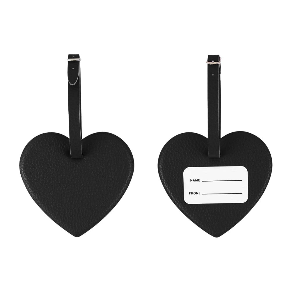 Zwarte hartvormige smiley-bagagelabel voor- en achterkant Zwarte hartvormige smiley-bagagelabel voor- en achterkant