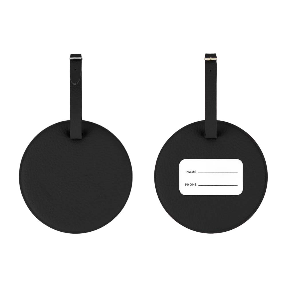 Zwarte ronde smiley-bagagelabel voor- en achterkant Zwarte ronde smiley-bagagelabel voor- en achterkant