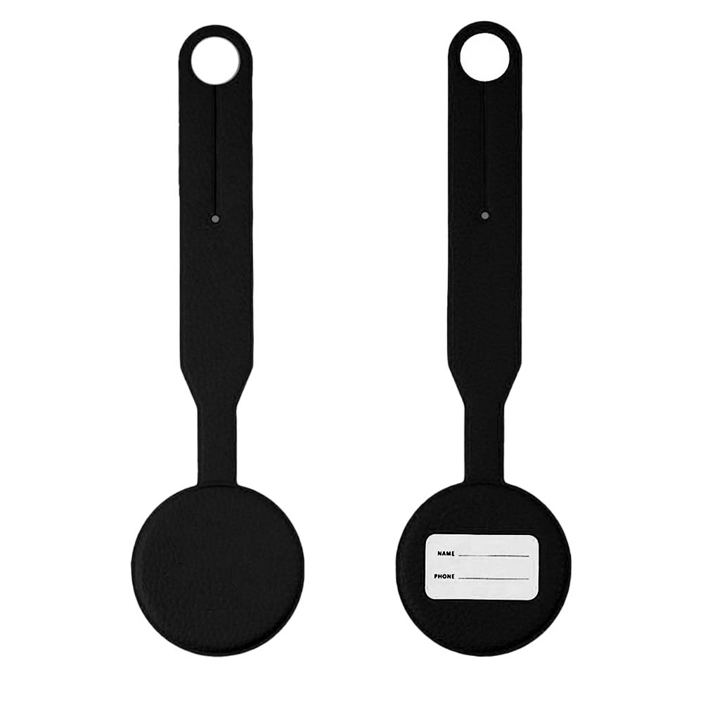 Black Round Smiley Luggage Tag with Long Strap Front and Back
