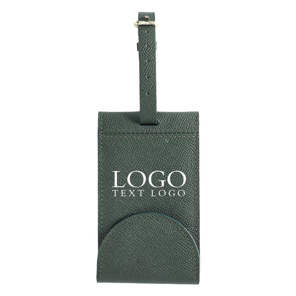 Green Custom Genuine Leather Luggage Tag with Microfiber Lining with Logo