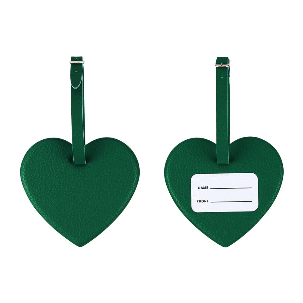Groene hartvormige smiley-gezicht bagagelabel voor- en achterkant Groene hartvormige smiley-gezicht bagagelabel voor- en achterkant