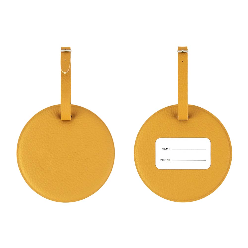 Gele ronde smiley-bagagelabel voor- en achterkant Gele ronde smiley-bagagelabel voor- en achterkant