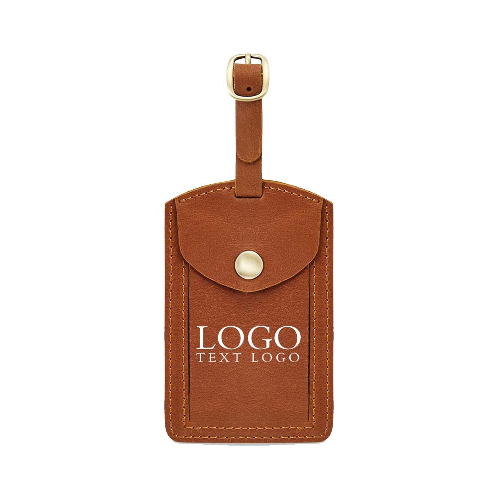Bruine taslabel van echt leer met klep en logo Bruine taslabel van echt leer met klep en logo