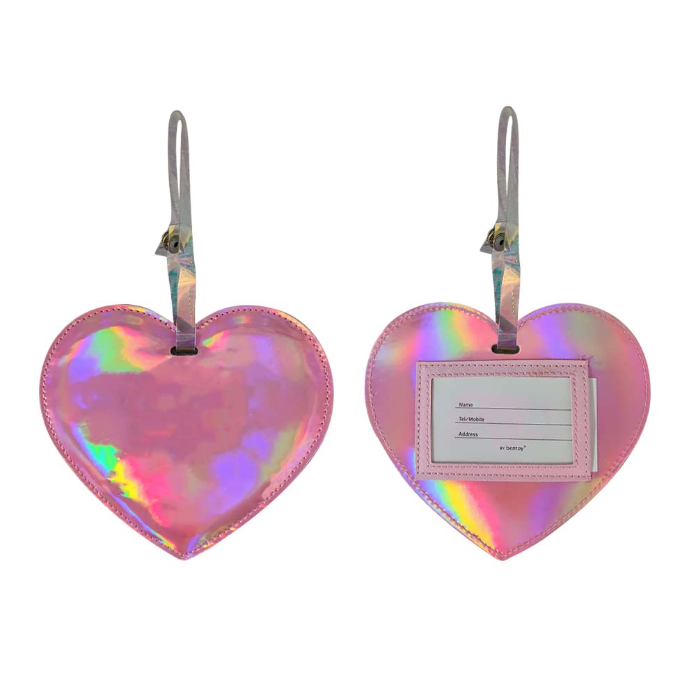 Pink Shiny Laser Heart PU Leather Luggage Tag Front and Back Pink Shiny Laser Heart PU Leather Luggage Tag Front and Back