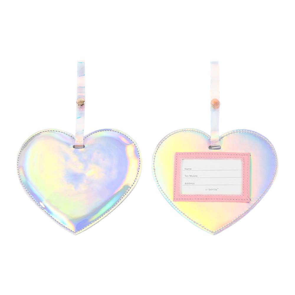 White Shiny Laser Heart PU Leather Luggage Tag Front and Back White Shiny Laser Heart PU Leather Luggage Tag Front and Back