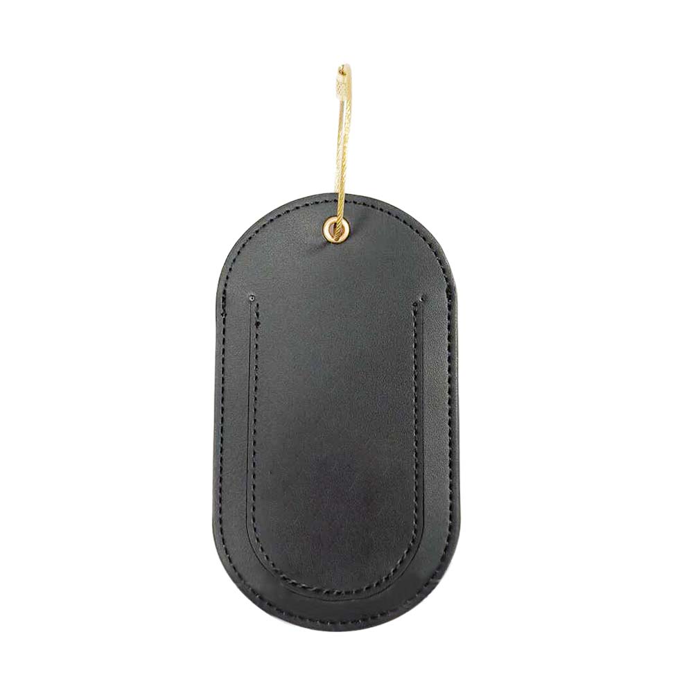 Black Flip PU Leather Travel Tag with Metal Ring Front