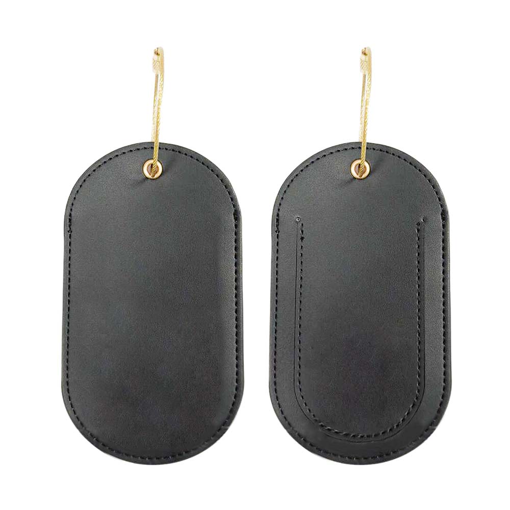 Black Flip PU Leather Travel Tag with Metal Ring Front and Back