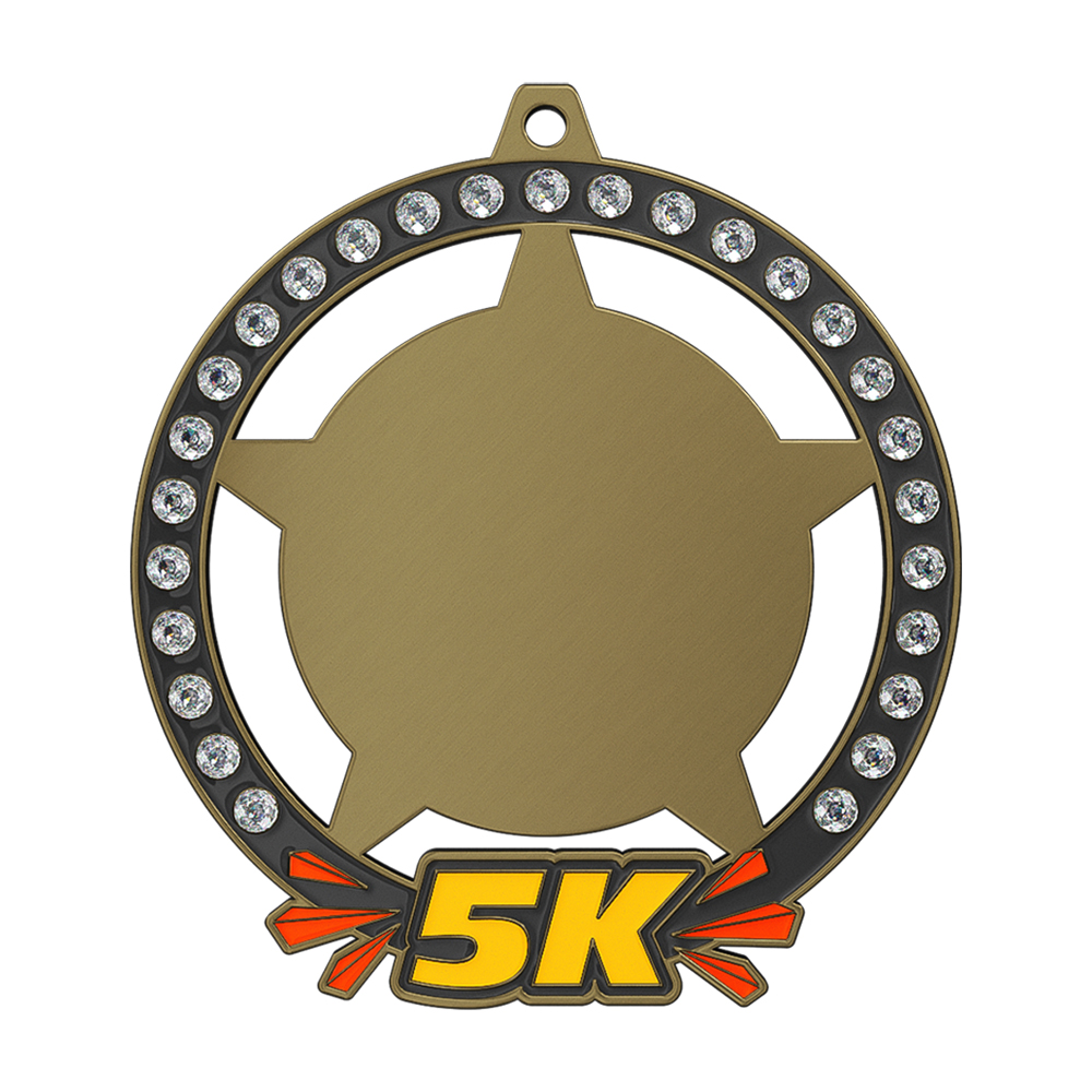 5K Medal with Rhinestones antique gold