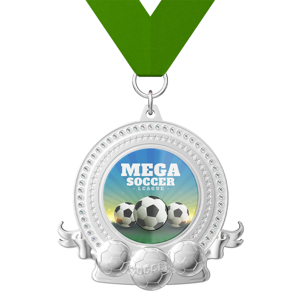 Custom Soccer Medal with Rhinestones with ribbon