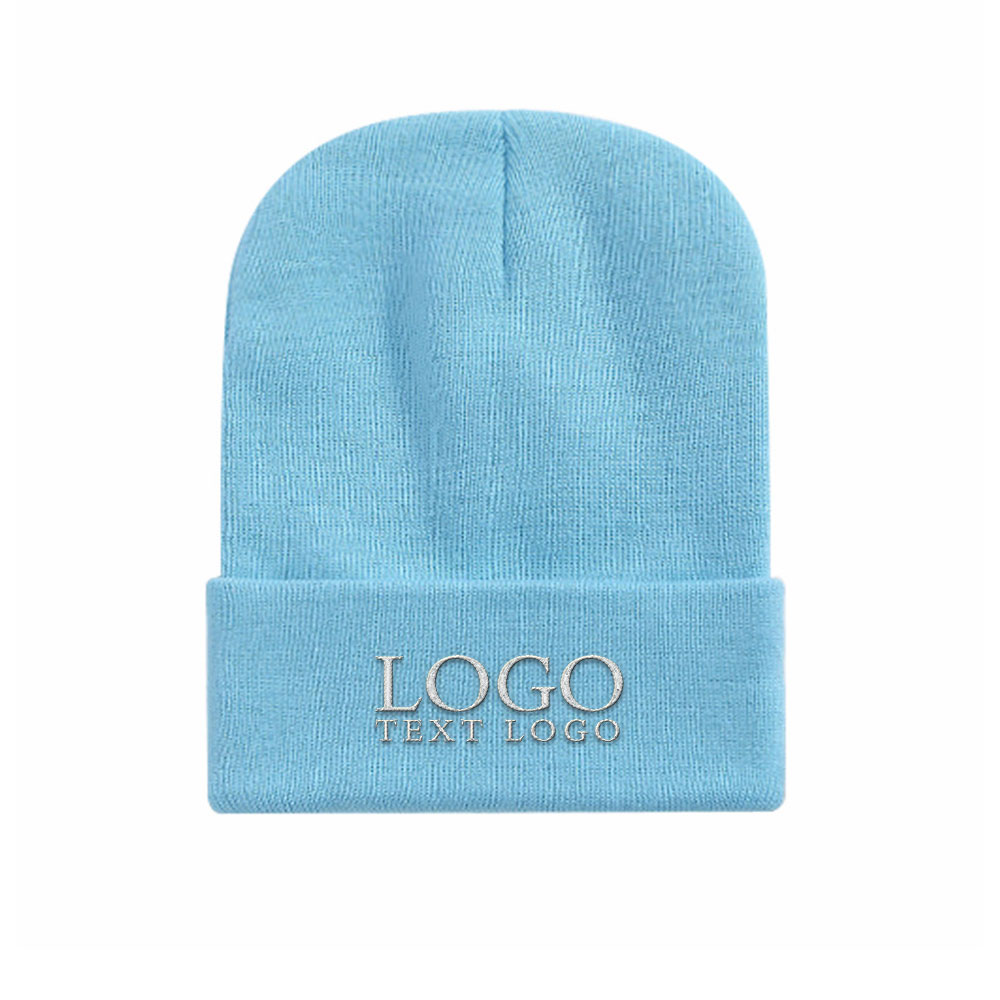 Embroidered Knit Beanie Light Blue with Logo