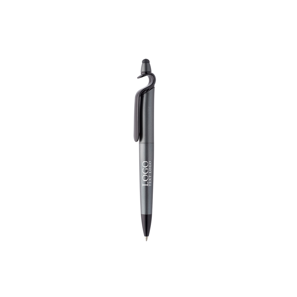 3-in-1 Plastic Pens with Stylus and Cell Stand Charcoal With Logo