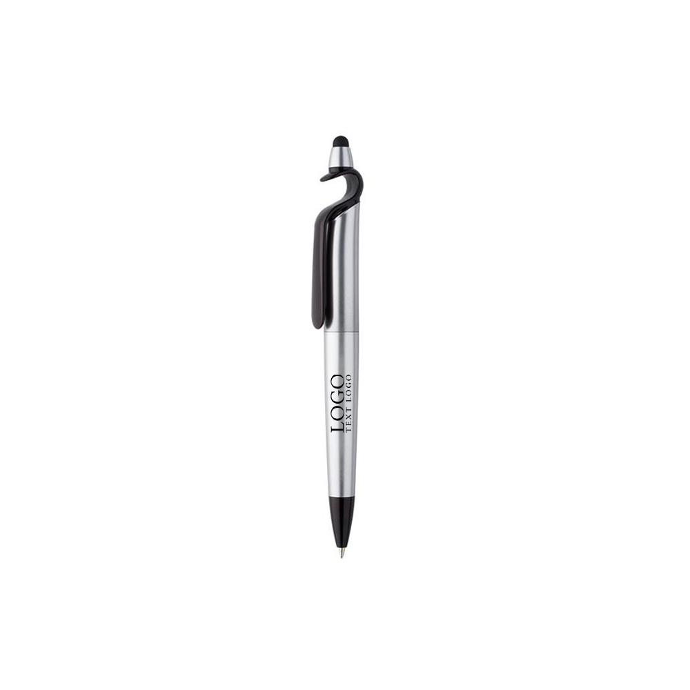 3-in-1 Plastic Pens with Stylus and Cell Stand Silver With Logo