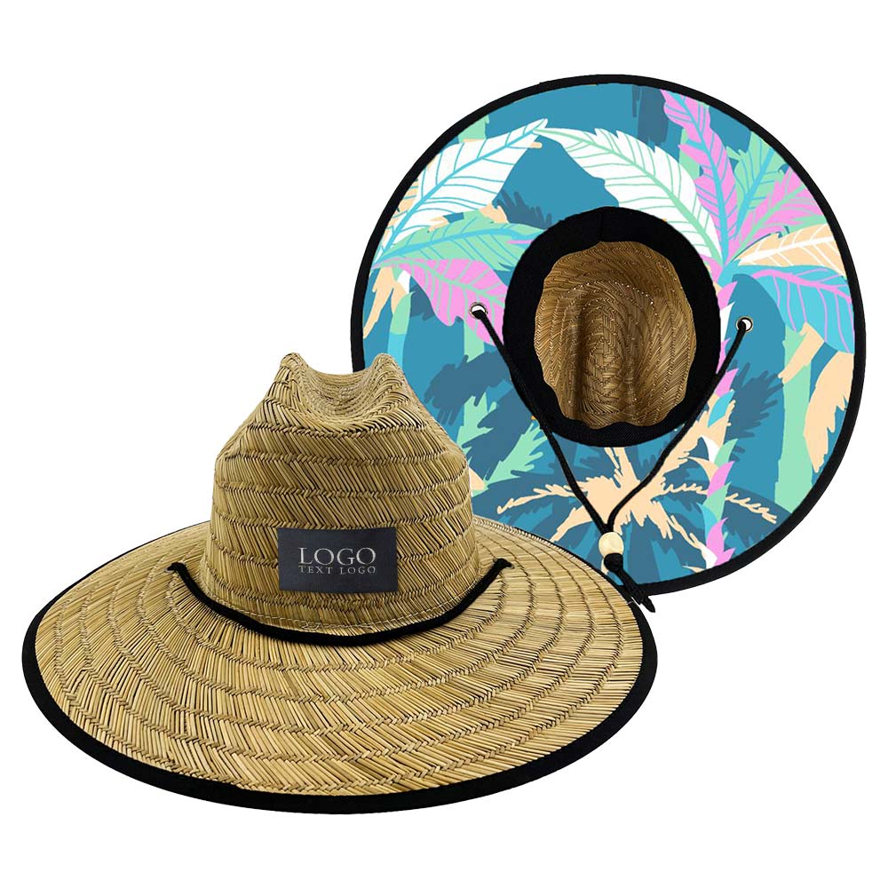 Printed Patch Wide Brim Straw Hat 11 with Logo