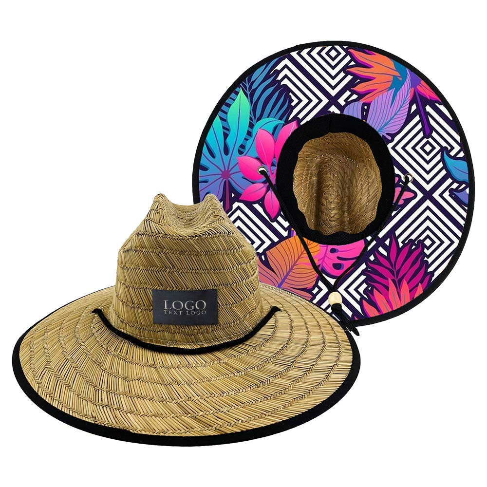 Printed Patch Wide Brim Straw Hat 12 with Logo