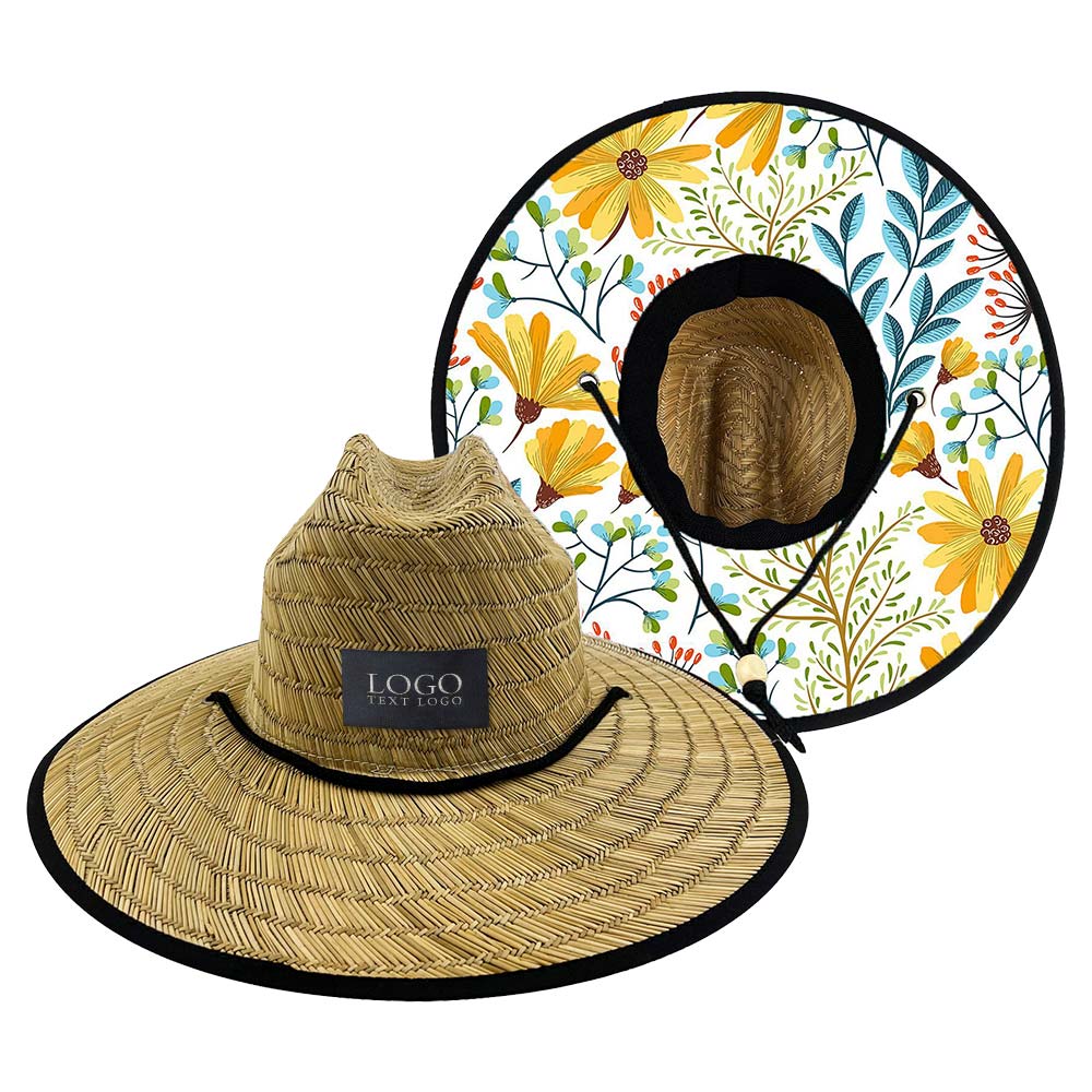 Printed Patch Wide Brim Straw Hat 13 with Logo