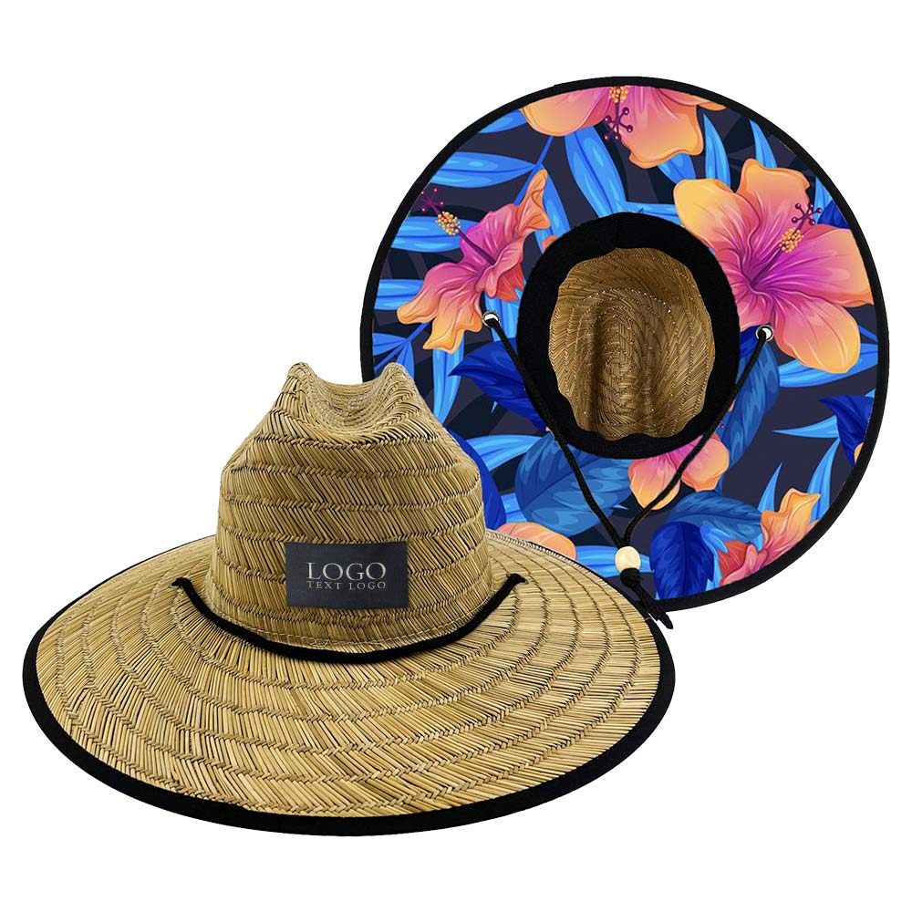 Printed Patch Wide Brim Straw Hat 14 with Logo