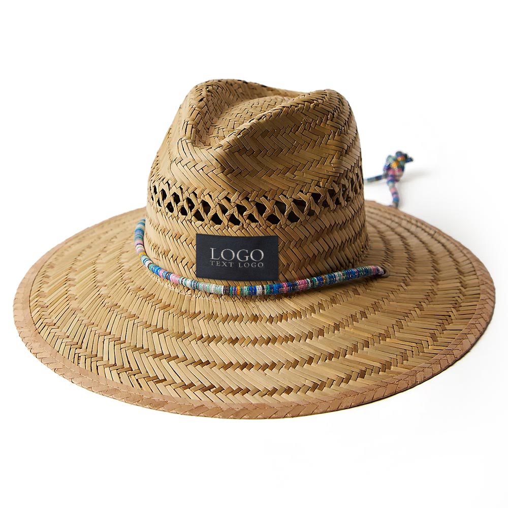 Printed Patch Wide Brim Straw Hat Camel with Logo