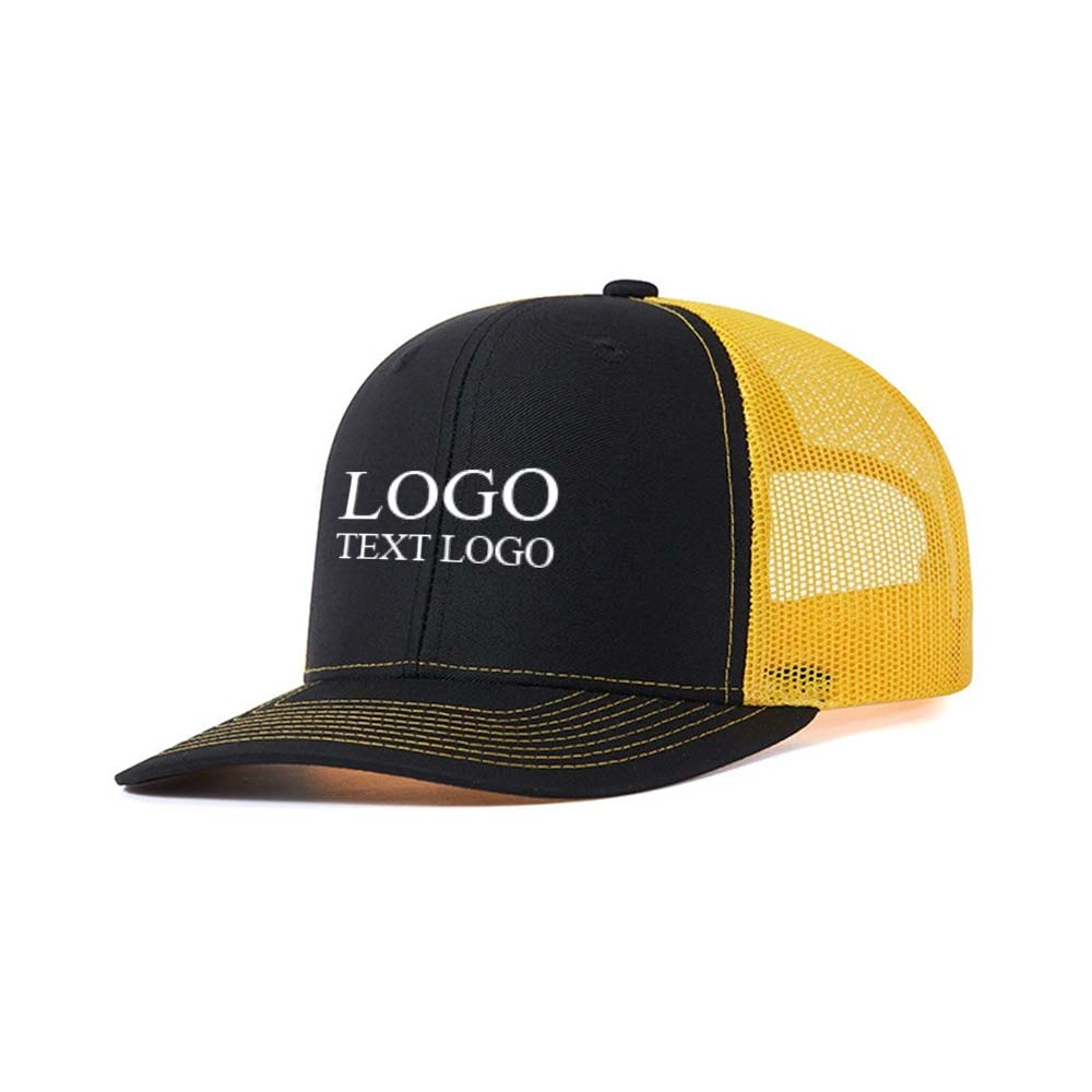 Slightly Curved Brim Sun Visor Custom Logo Trucker Hats Black + Yellow with logo