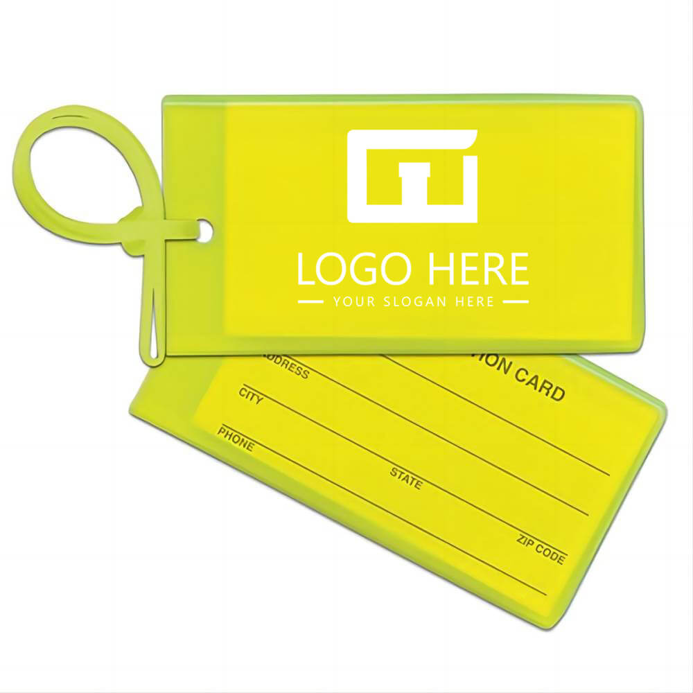 Kleurrijke PVC bagagelabels met riem, geel met logo Kleurrijke PVC bagagelabels met riem, geel met logo
