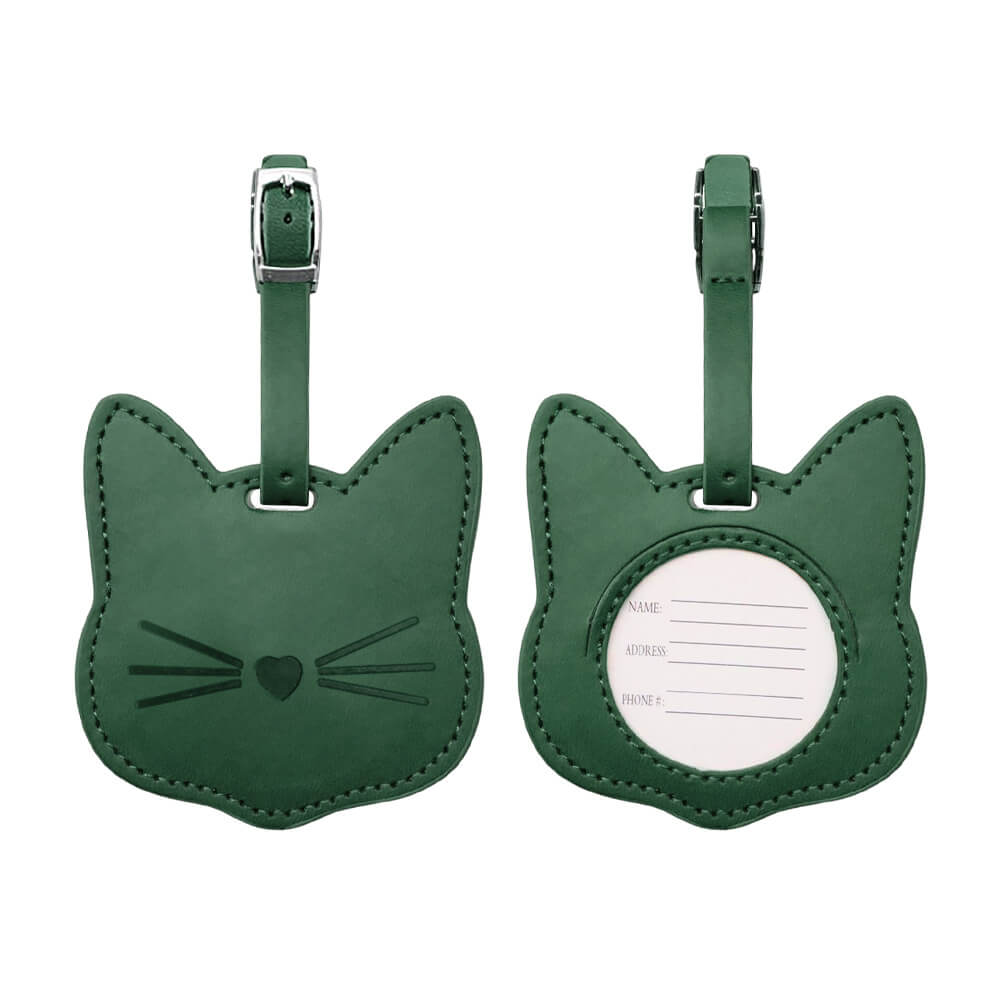 Cute Cat Anti Lost Leather Luggage Tags Green Both Sides Cute Cat Anti Lost Leather Luggage Tags Green Both Sides