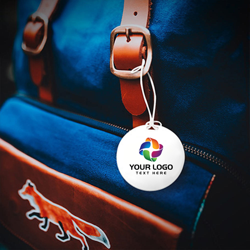 Lifestyle shot of Full Color Round Plastic Luggage Tags With Strap