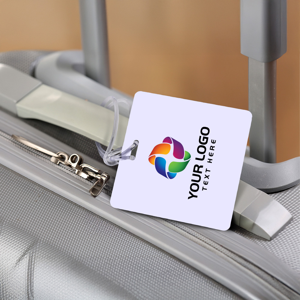 Lifestyle shot of Full Color Square Plastic Luggage Tags With Strap