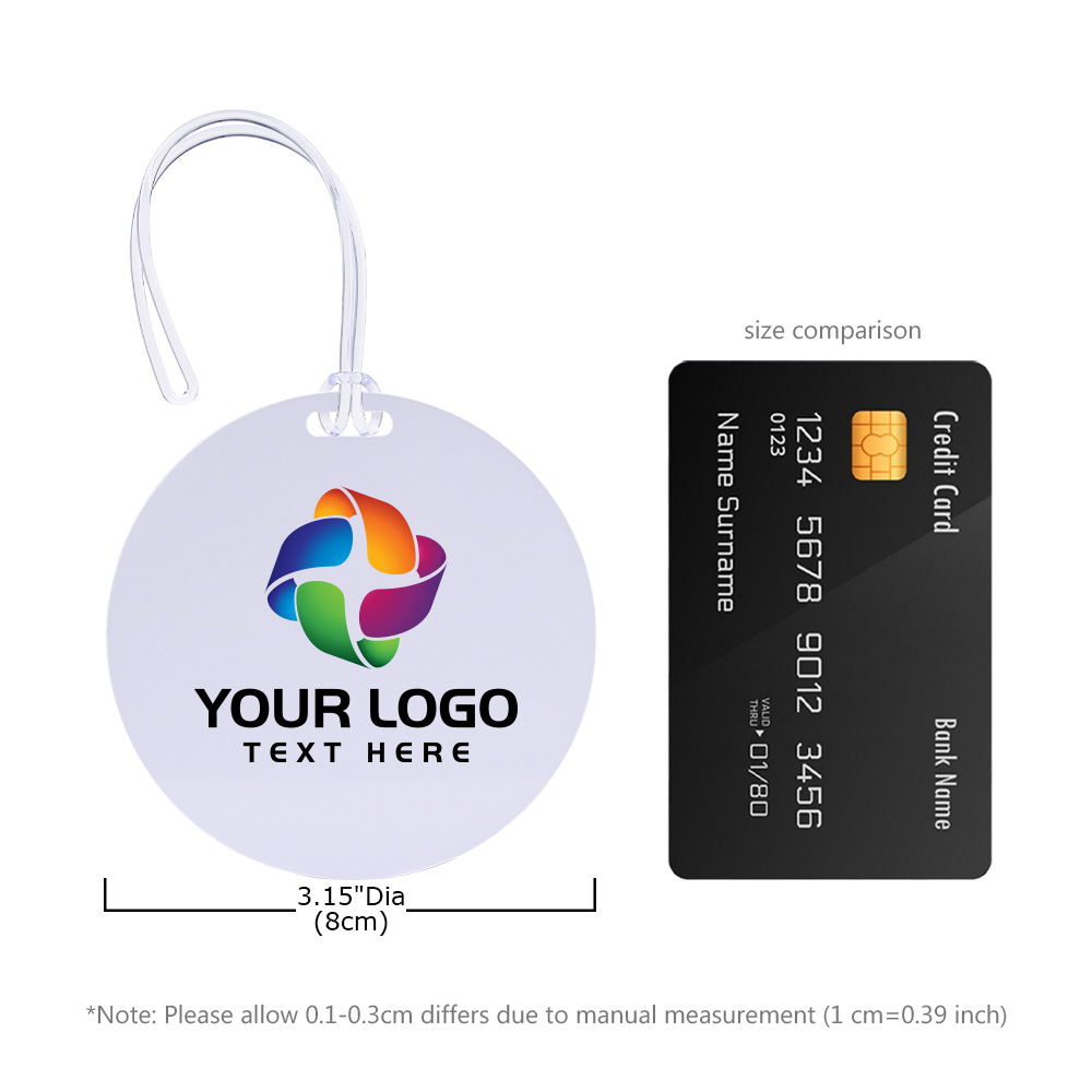 Scale shot of Full Color Round Plastic Luggage Tags With Strap