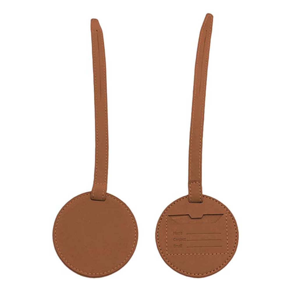 Brown Custom Round PU Leather Luggage Tag Front and Back