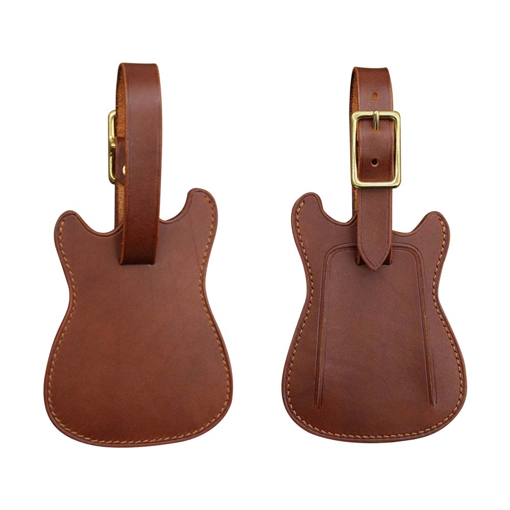 Brown Genuine Leather Guitar Luggage Tags Front and Back